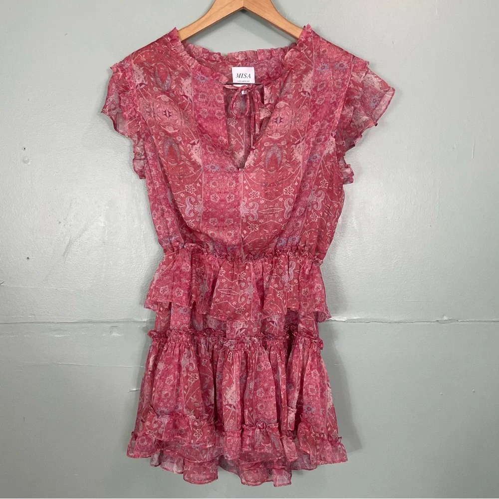 Misa Lilian Dress Mini Ruffle Pink Floral in Washed Rose Size Small NWT - Picture 2 of 9